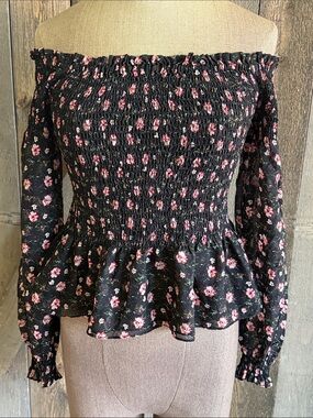 INTERMIX 100% Silk Floral Smocked Off Shoulder Peplum Blouse Top Size Small